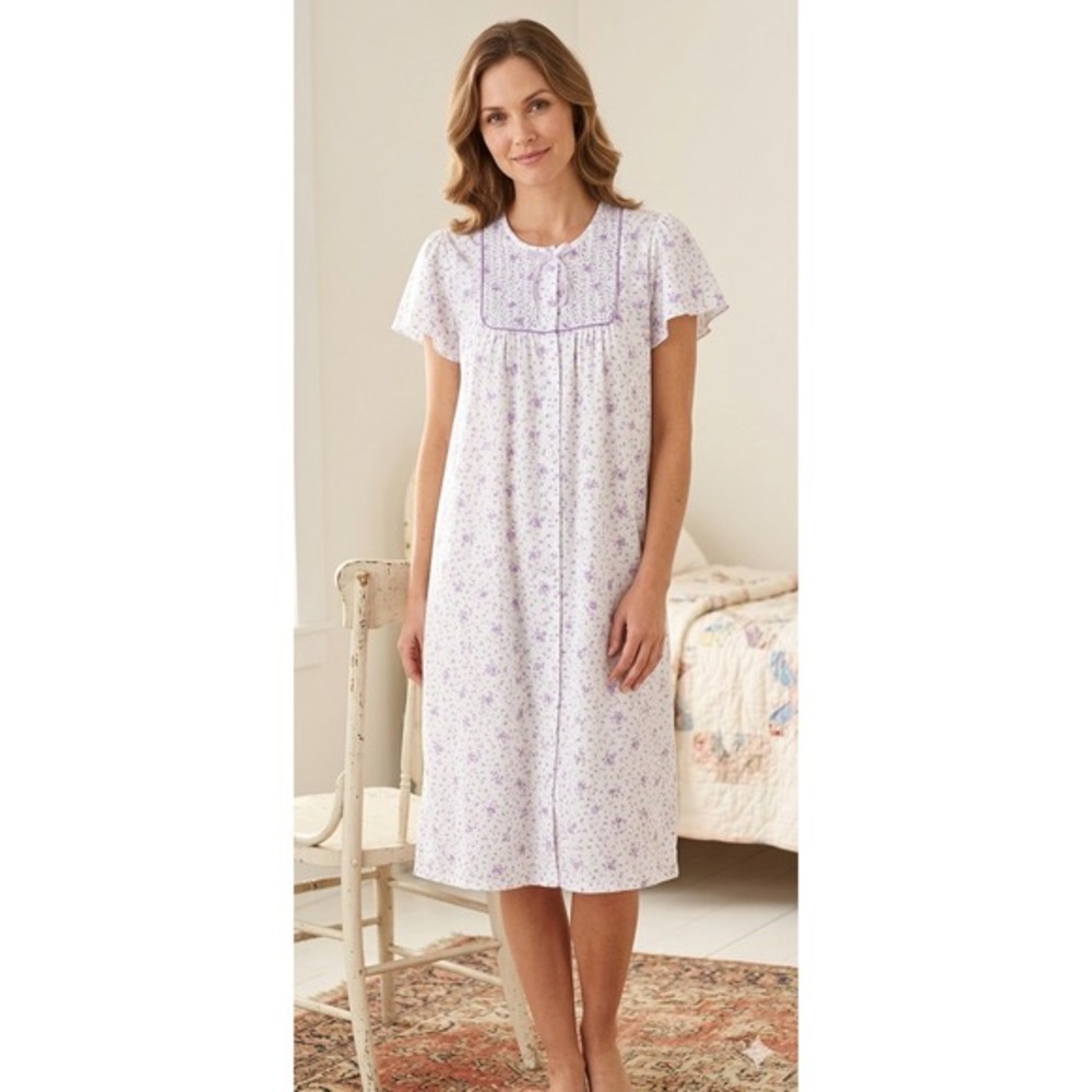 Vandemere‎ Nightgown Womens M White Purple Floral Smocked Flutter Sleeve USA VTG